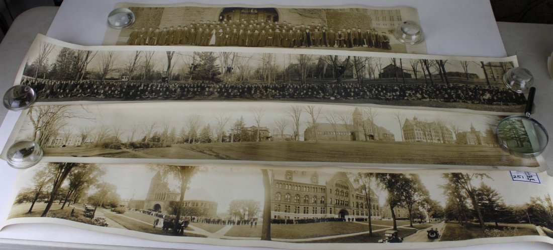 lot of 7 ca. 1915 panoramic photographs including: Burlington High School, Panama Pacific Exposition, and 5 yard long photos of the University of Vermont green and excellent views of University Row Burlington, VT