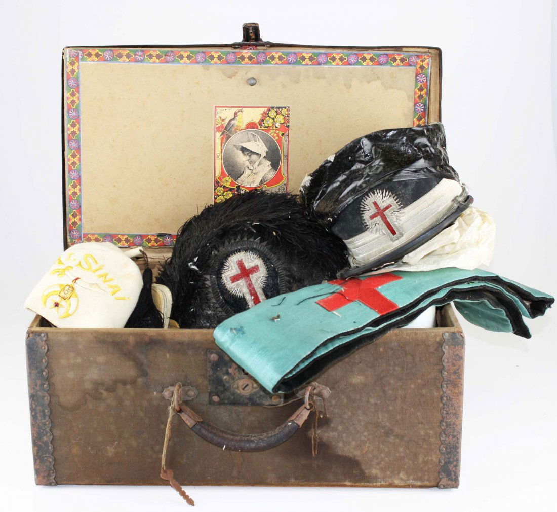late 19th c. Knights Templar Masonic regalia: belonging to S.H. Rollins of the York Rite St. Gerard Commandery Plymouth, NH incl. plumed hat, cap & sash in original suitcase 10" x 8.5" x 11"