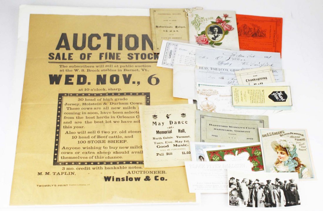 1900 Brock Stables, Barnet, VT auction broadside: ca 1900 Brock Stables, Barnet, VT auction broadside, M M Taplin, auctioneer, mentions milch cows twice, 20.5 by 14 inches, sold with other VT ephemera