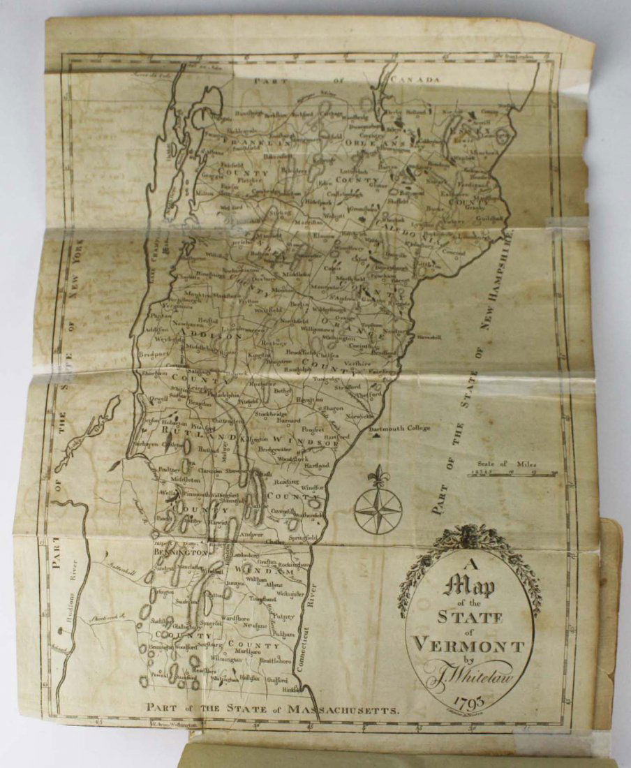 1794 Samuel Williams Natural and Civil History of the: 1794 Samuel Williams Natural and Civil History of the State of Vermont with 1793 James Whitelaw fold-out map of the State of Vermont, rebound, worm holes, map has several beva repairs