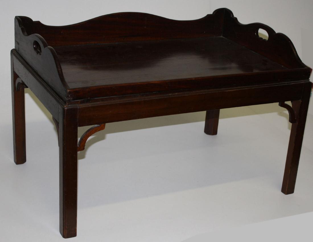18thc Chippendale mahogany tray and stand: 18th century Chippendale mahogany scalloped top cut out handle serving tray on later base 20"d x 19"h x 30"w