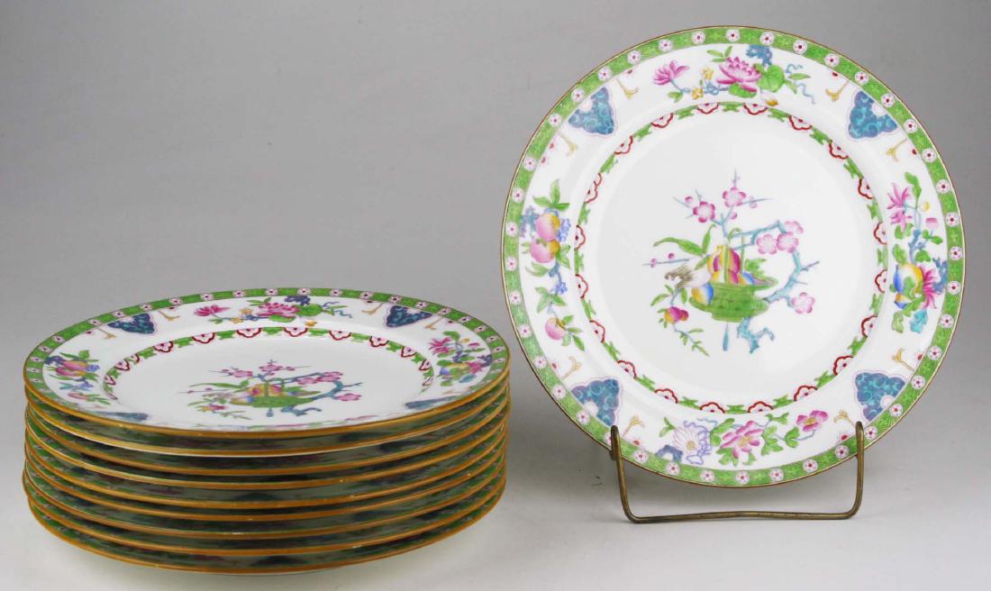 10 Mintons for Tiffany & Co. bone china dinner plates: with orientalist pattern of cherry blossoms and fruit framed by green geometric border 10.25"