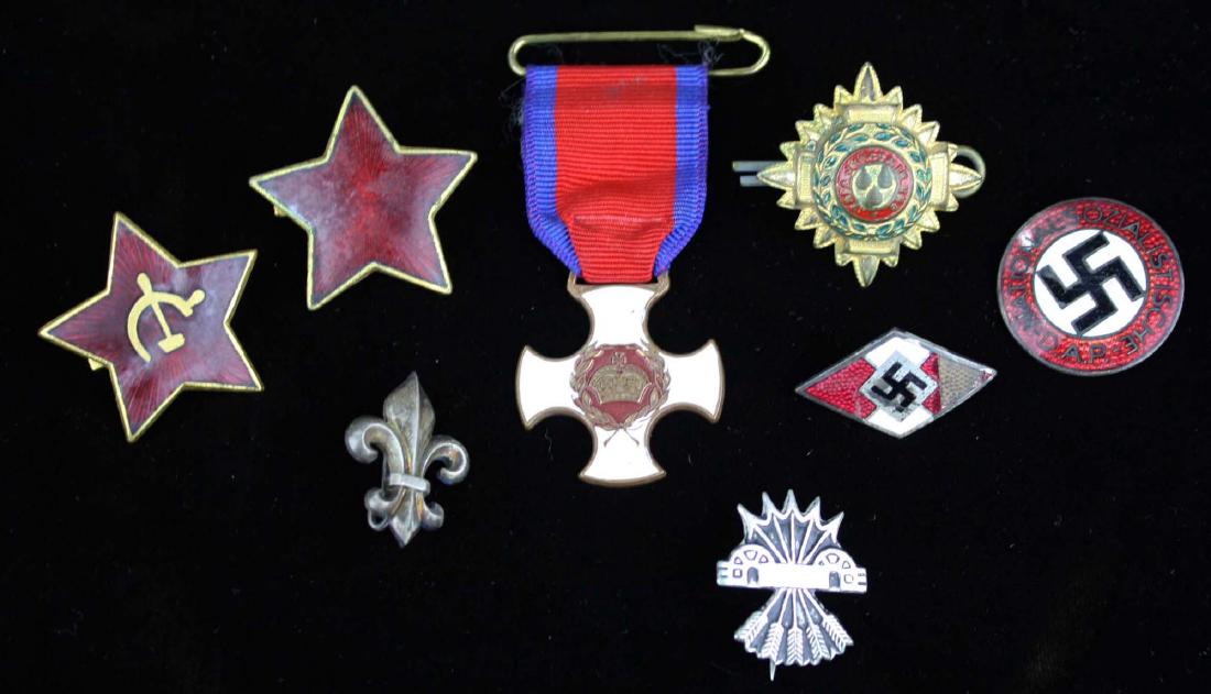 WWII Era Soviet and Nazi pins: National Sozialistiche DAP pin, Two Soviet Star badges, small enamel Nazi Pin, Crown wreath ribbon, other decorations