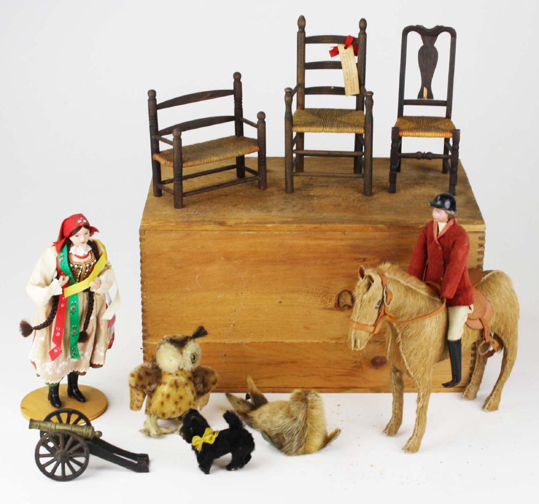 Lot doll furniture & Steiff owl.: Lot of doll furniture, Steiff owl, England horse & rider doll.