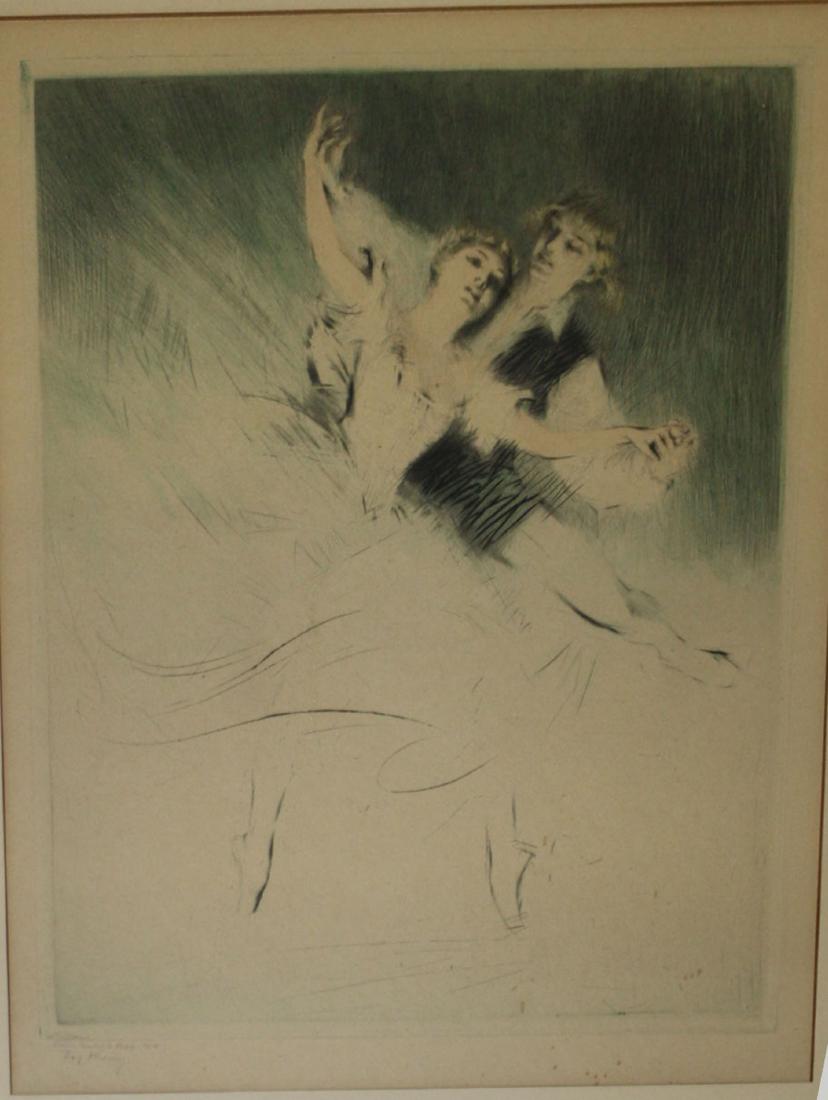 Troy Kinney (Am 1871-1938) Two Ballet dancers: hand colored drypoint of male and female ballet dancers 12 x 9"