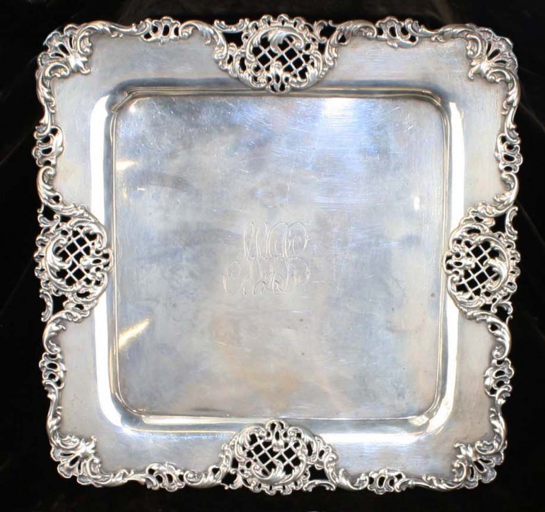 American late Victorian sterling silver square serving: with reticulated rococo style edge and cursive script monogram 10.5" dia 18.6 troy oz -some dents