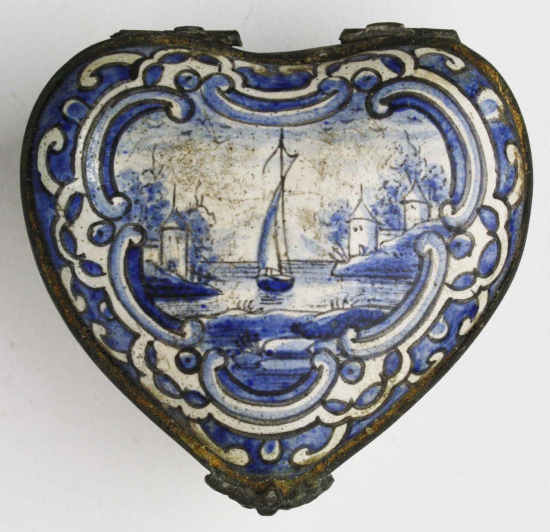 18th c. Delft blue tin glaze ceramic heart shaped: box with pewter rim and harbor scene and sail boat on lid 1.25" x 2.75"