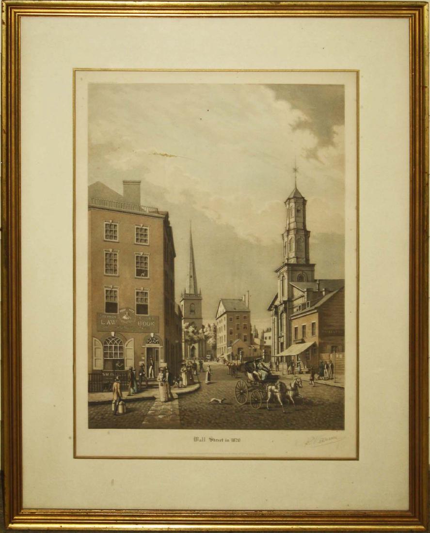 Ackerman and Son Engraving Wall St in 1820: 1929 R Varin pinxt engraving of Wall St New York in 1820 hand colored engraving 22 x 15"