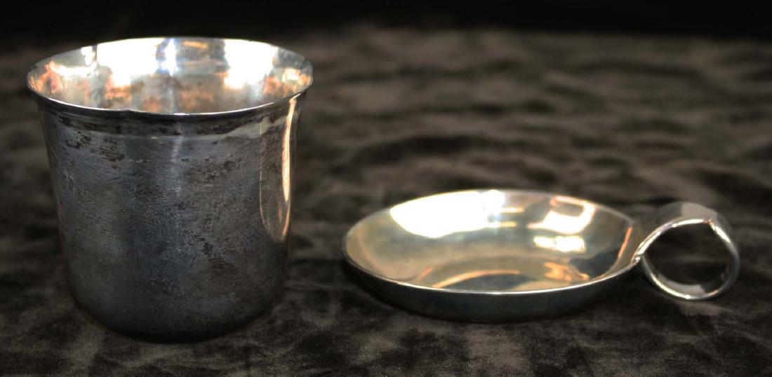 early continental silver small beaker and wine taster: with inscription "J. SAROT A. AVISE 2.25" x 2.75", 2.75" x 3.75" -heavily polished