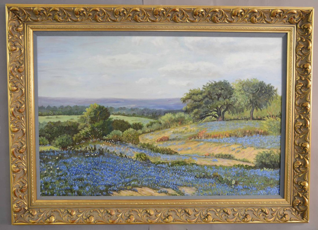 Blue Bonnets Sandal Wheeler Oil on canvas: Blue Bonnets Sandal WheelerOil on canvas, Texas artist, 36” x 24” sight, 44” x 32” framed, Ca. 1960.