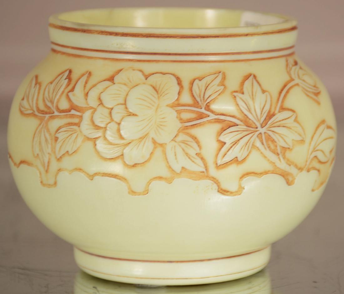 Small English Victorian Thomas Webb Cameo Vase: Small English Victorian Thomas Webb Cameo Glass VaseA small scale, antique, late 19th century, pale custard glass vase by Thomas Webb with raised leaf decoration. The raised decoration is outlined by