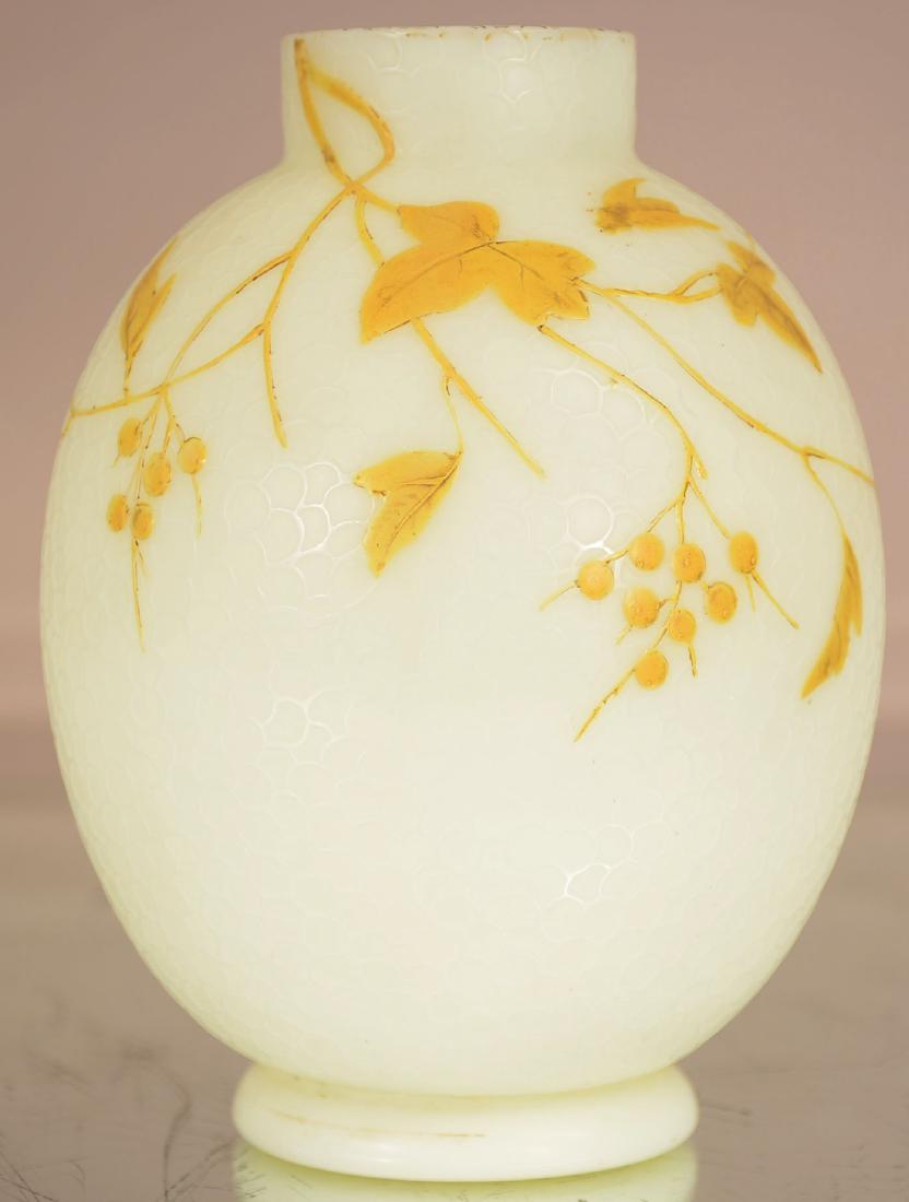 Small English Thomas Webb Fishscale Cameo Vase: Small English Thomas Webb Fishscale Cameo and Enamel Glass Bulb VaseAn antique, custard yellow colored glass bud vase with a subtle fish scale pattern background with leaf, berry and butterfly cameo d
