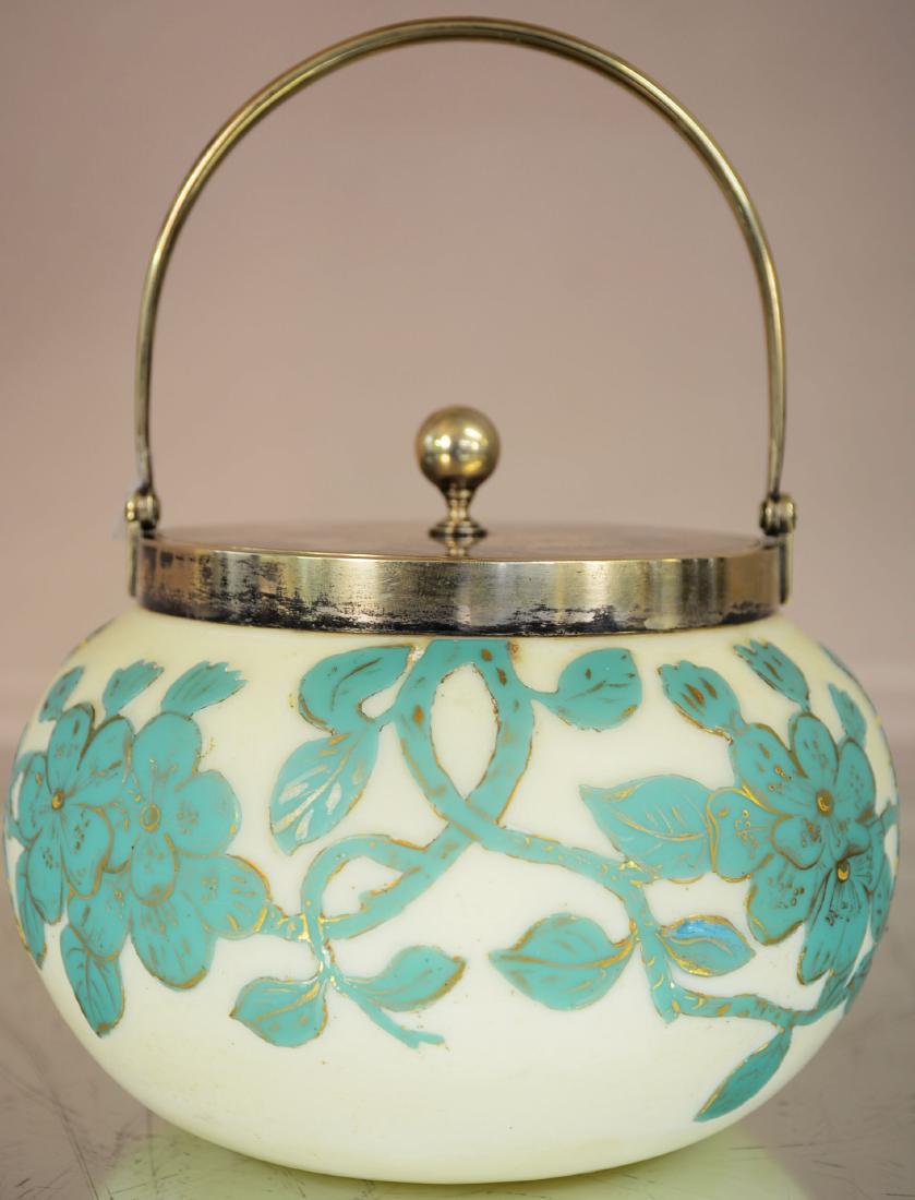 Eng. Thomas Webb Victorian Cameo Glass Biscuit Barrel: English Thomas Webb Victorian Cameo Glass and Silverplate Biscuit Barrel An antique, 19th century, Victorian glass biscuit barrel by Thomas Webb and Sons, of squat, globular form with turquoise floral