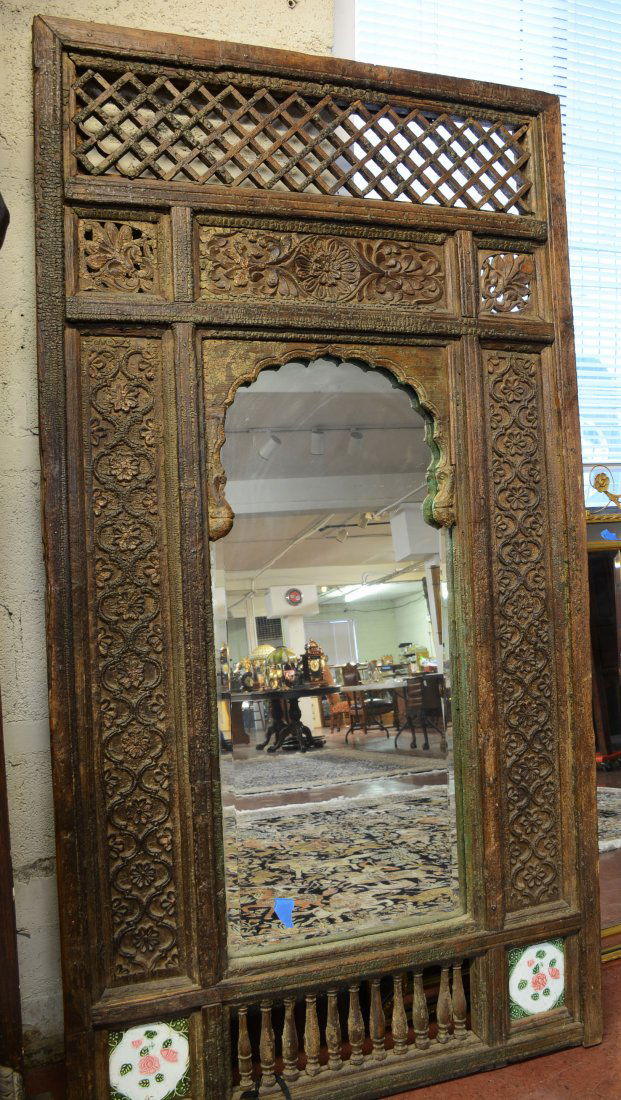 Large Indian Teak and Tile Window Frame as a Mirror (1 of 6)