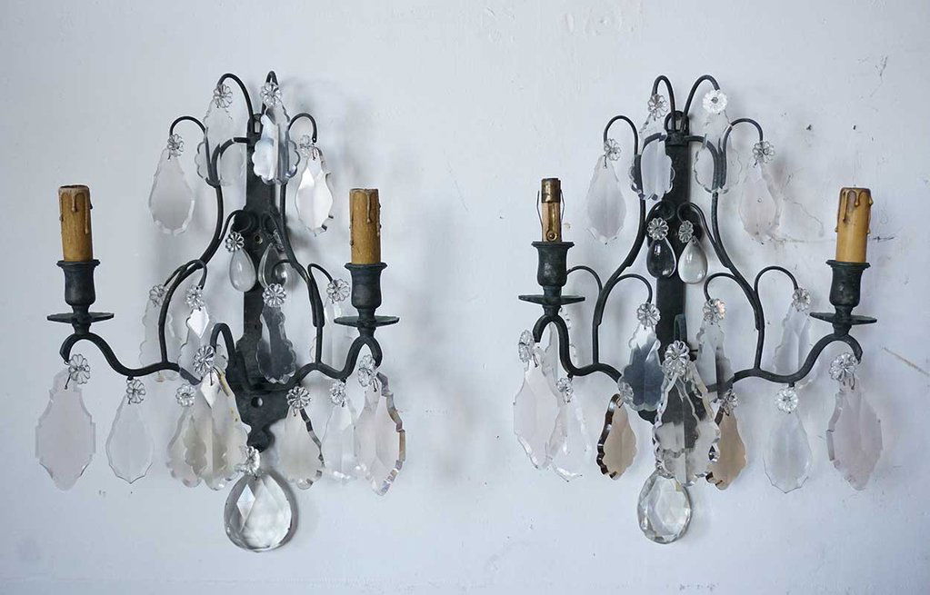 Pair of French Louis XV Style Brass and Crystal Sconces (1 of 6)