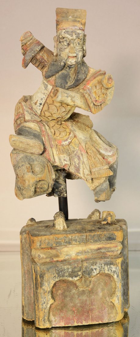 Chinese Painted Wooden Guardian Temple Figure on Plinth (1 of 5)