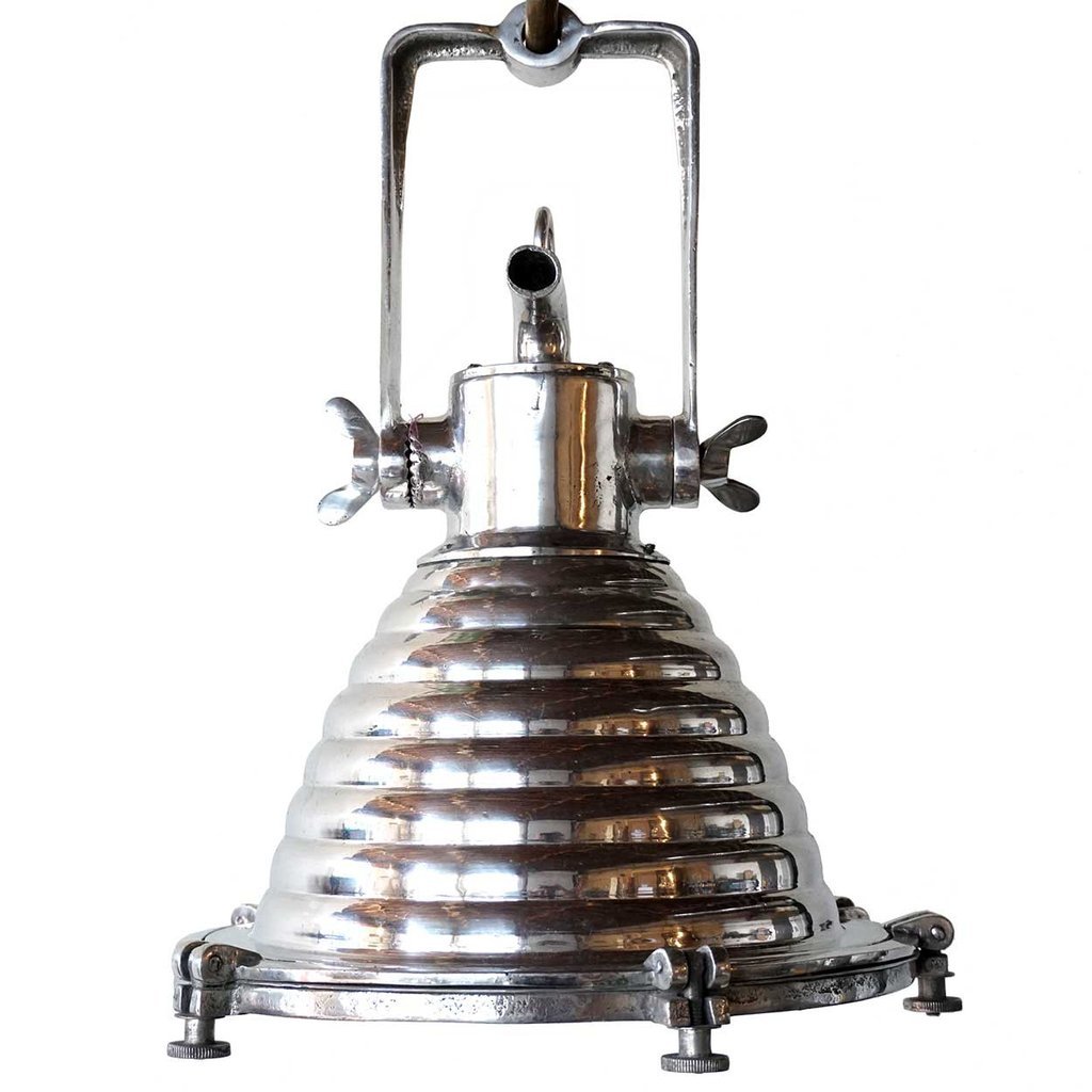 Four Medium German Wiska Vintage Style Aluminum Lights: Four Medium German Wiska Vintage Style Aluminum Ship's Pendant LightsVintage style, ceiling lighst hang from a rectangular armature which supports a domed, ribbed and polished aluminum shade, with a h