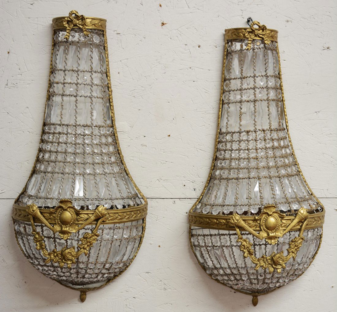 Pr. of French Louis XVI Style Bronze & Crystal Sconces (1 of 1)