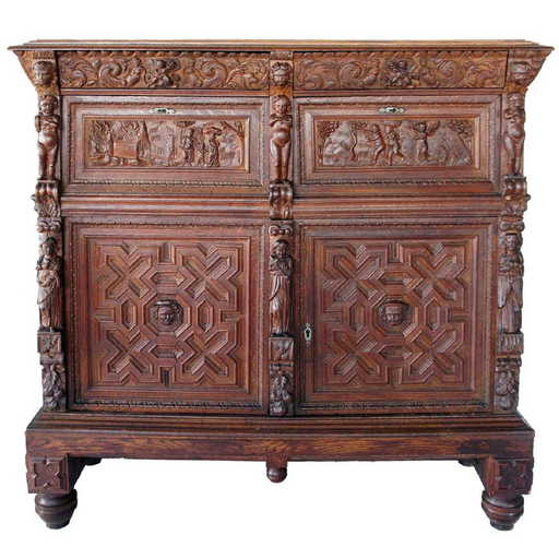 Antique Flemish Baroque Carved Oak Sideboard Cabinet