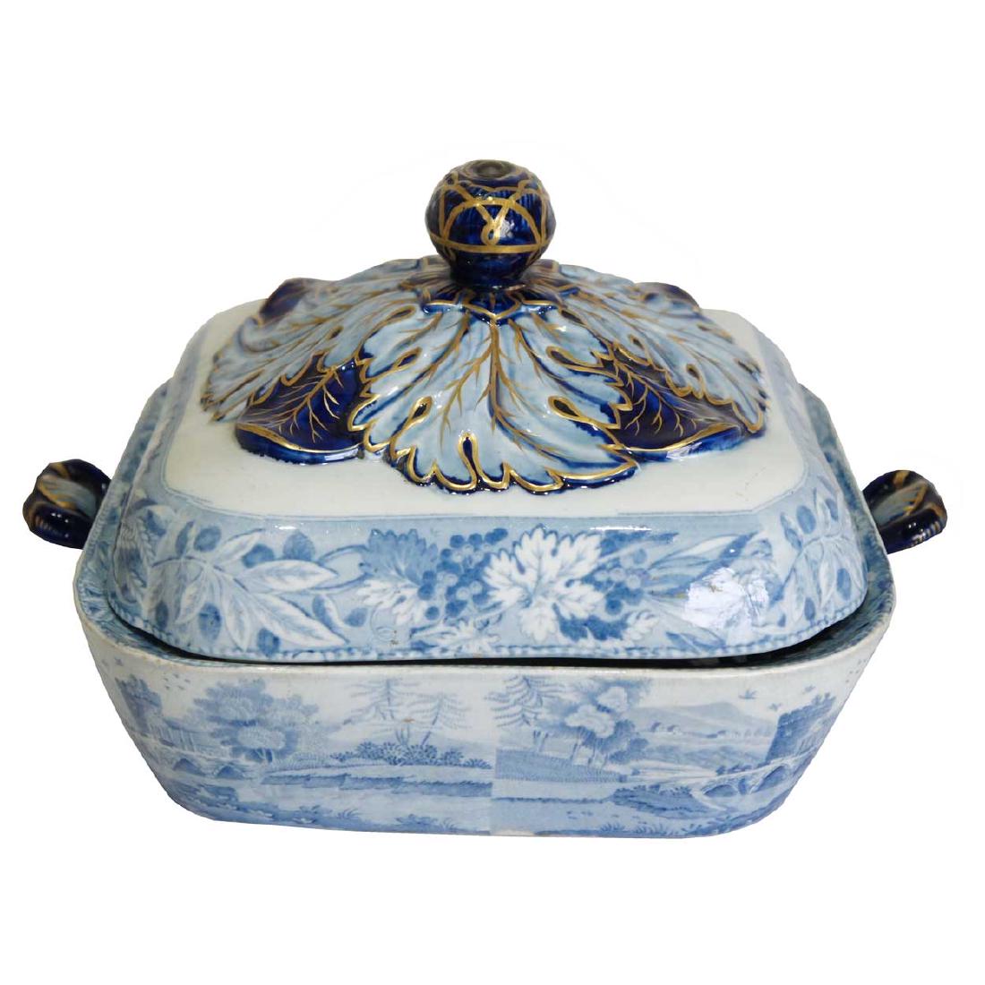 English Spode Blue Transferware Pottery Covered Tureen (1 of 9)