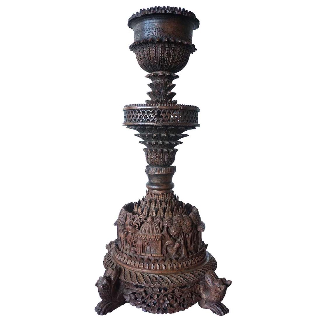 Indian Heavily Carved Rosewood Oil Lamp Base (1 of 6)
