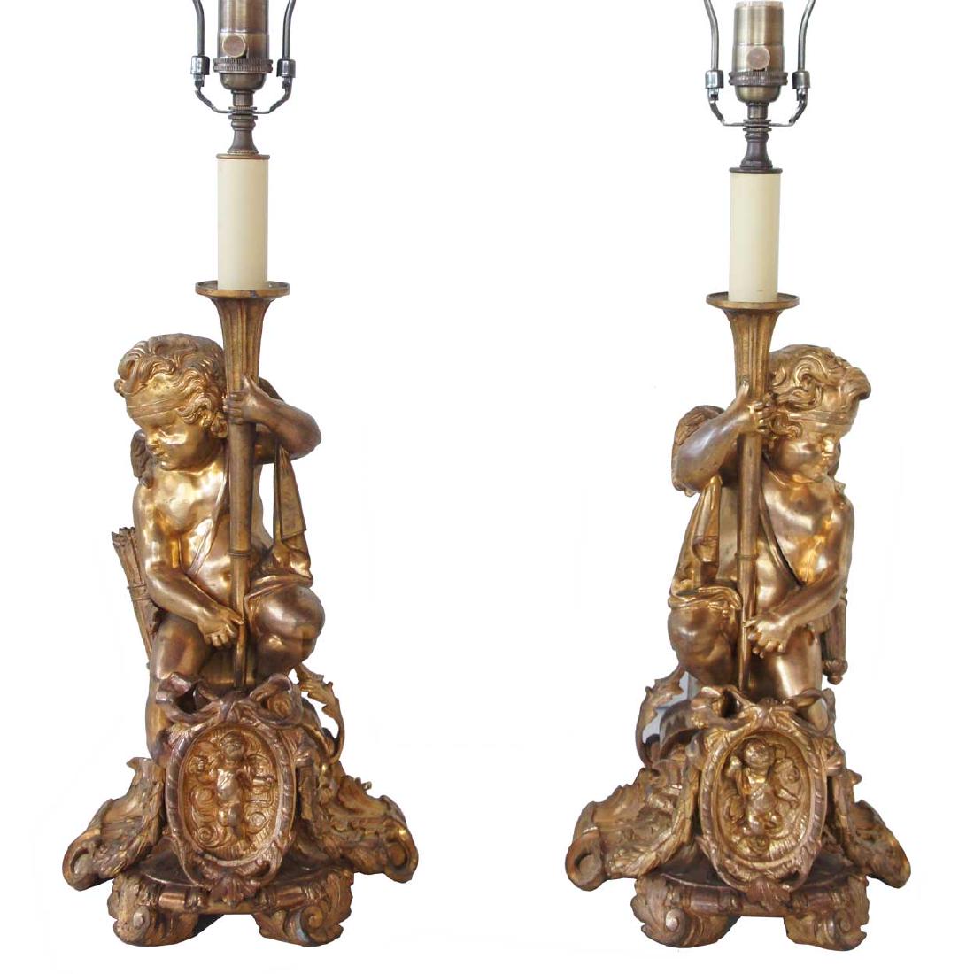 Pair of French Rococo Revival Fire Gilt Lamps (1 of 7)