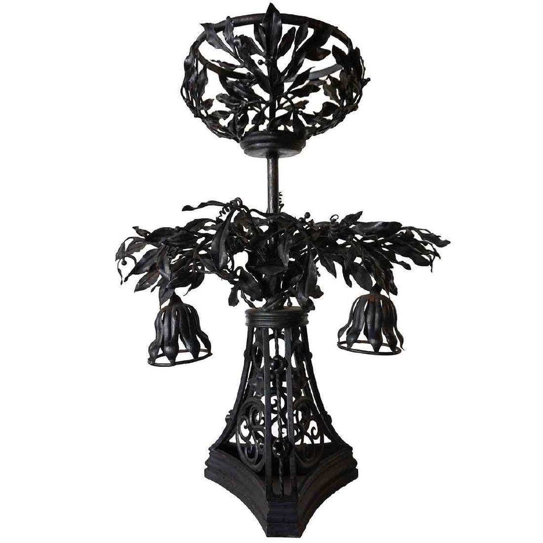 English Art Nouveau Wrought Iron & Alabaster Lamp: An antique, English Art Nouveau table lamp finely crafted of hand worked wrought iron construction. The upper bowl to this fixture would have held a lighted globe shade and it also has two down lights