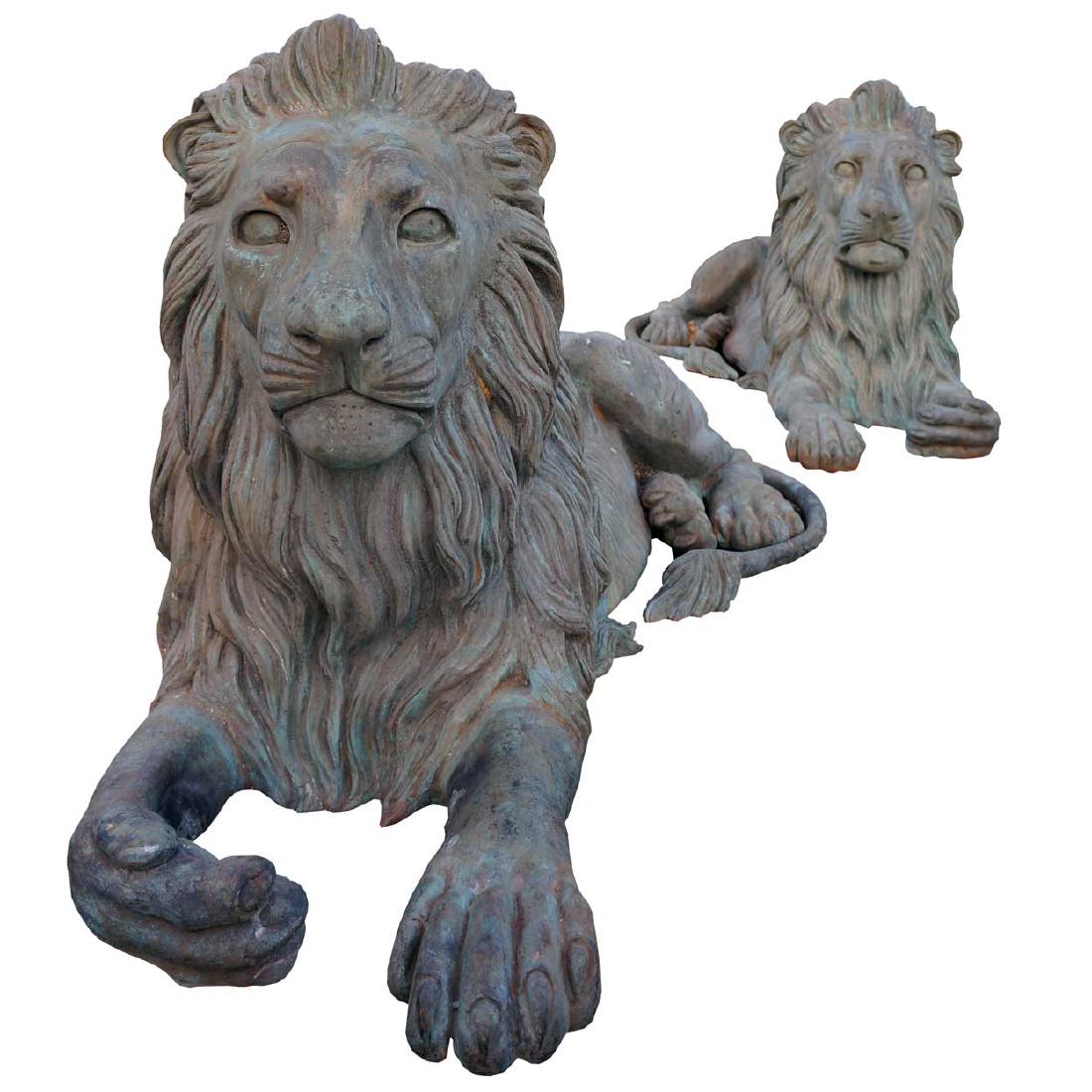 Pair Large Bronze Recumbent Lions Garden Statues