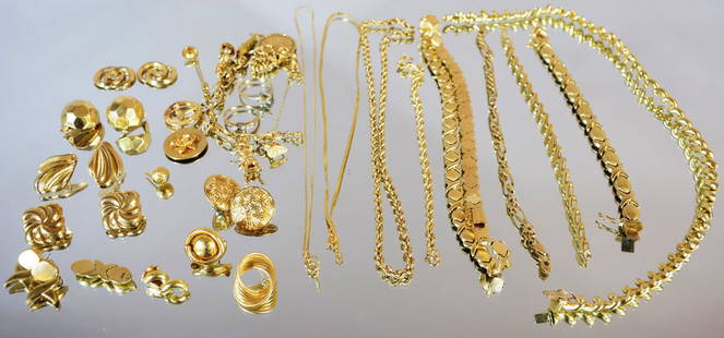 Assorted lot of Jewelry: (5) 14k necklaces (4) bracelets (1) charm bracelet (2) rings (5) pairs of earrings (2) single earrings (2) portions of extra links (1) pin. Weight: 182.8 grams