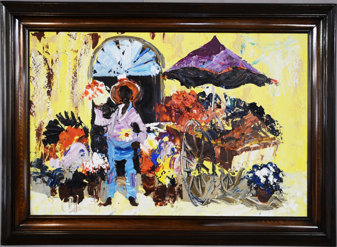 Paul Blaine Henri "Flower Seller" O/C: Dimensions: Sight 36" x 20" Frame 43" x 32" Marks: signed lower left, Paul Blaine Henri