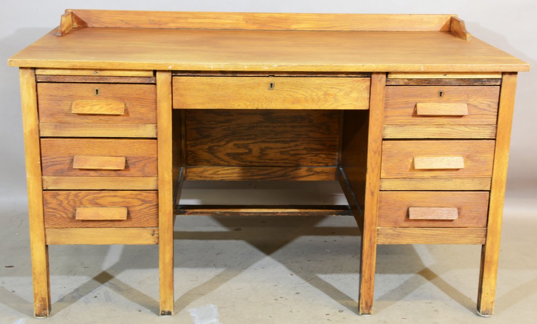 Antique Oak School Masters Desk with Galley (1 of 1)