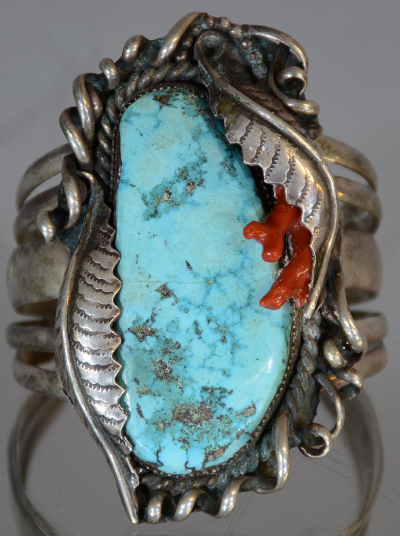 Matchint Navajo Turquoise, Coral & Silver Bracelet (1 of 4)