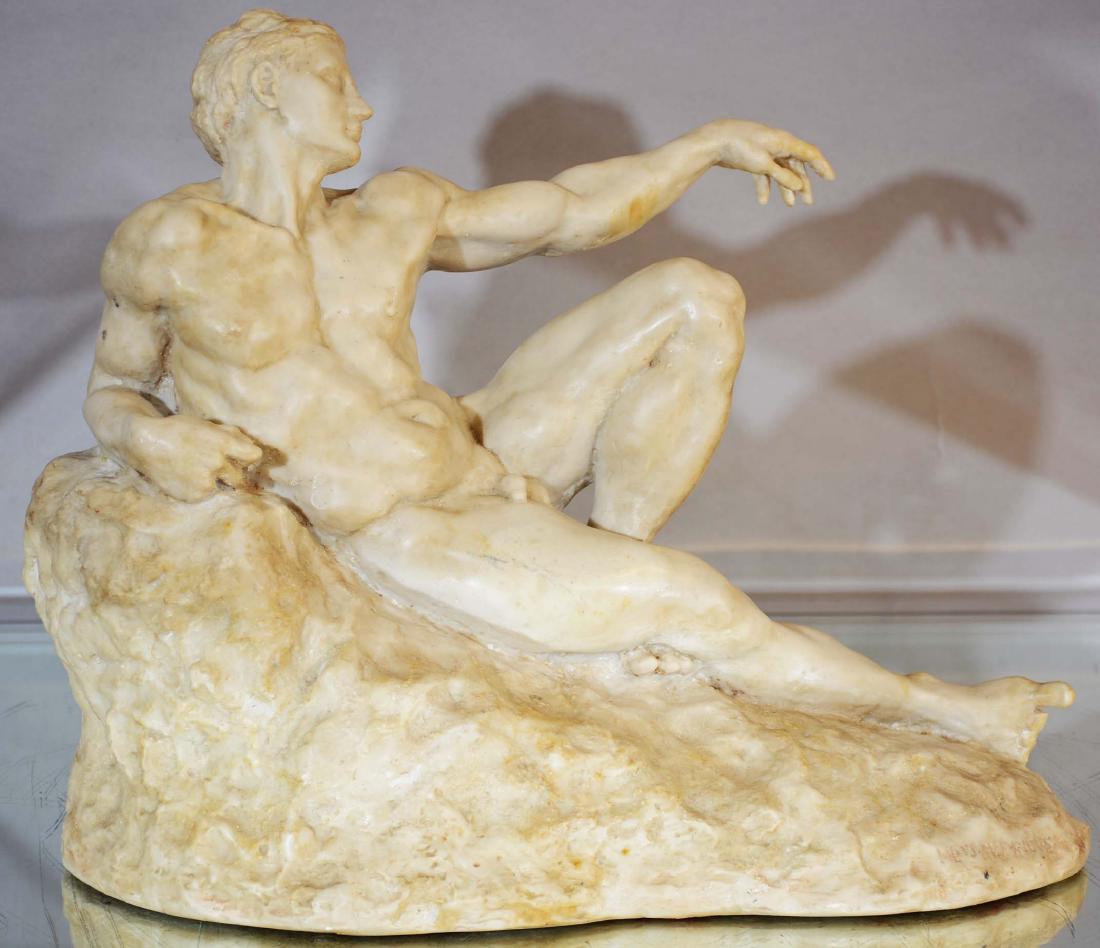 Romanesque Sculpture of Nude Man: Scene: nude man reclining on a rock Material: marble Dimensions: 11 1/2" x 14 1/2" Date: ca. 1900