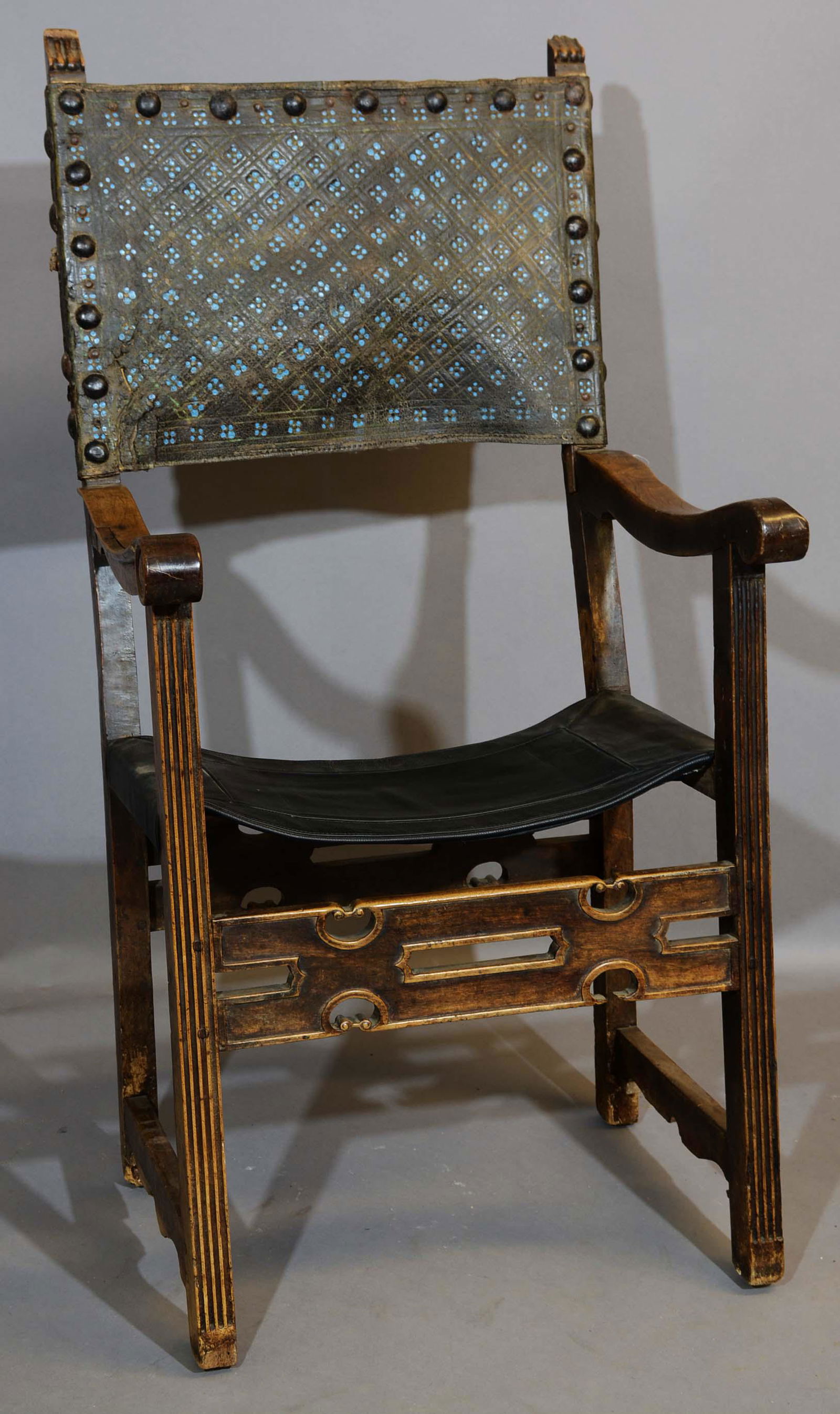 Italian Antique Baroque Leather Upholstered Chair: Italian Antique Baroque Leather Upholstered Arm Chair, probably Lombardy region. Original leather painted back Dimensions: 50"t x 22"d x 26"w Date: 16th/17th century