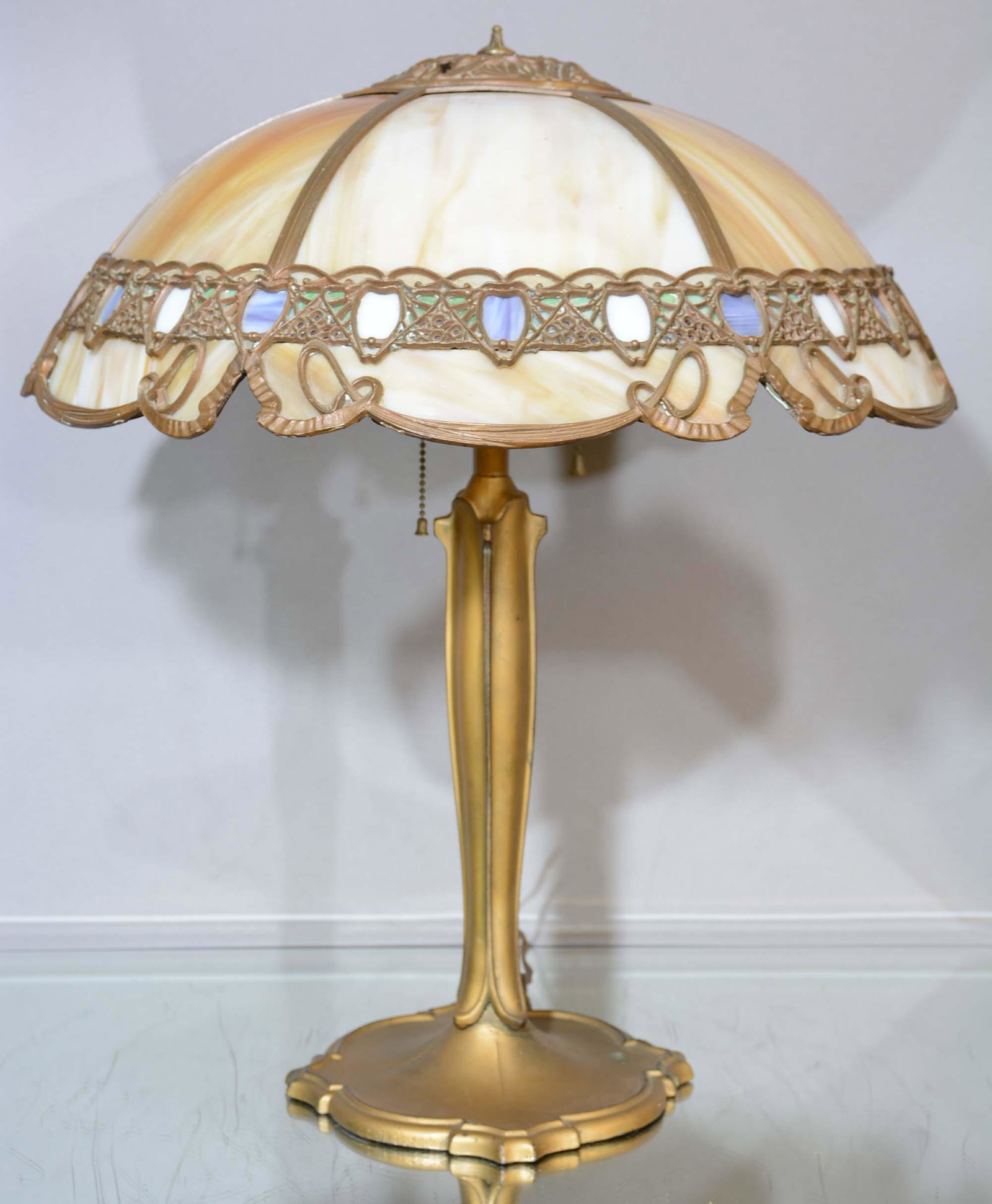 Art Nouveaul Style 1920's Parlor Lamp: American leaded glass Dimensions: 23"t Date: ca. 1920