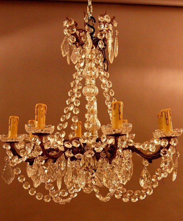 6 Arm bronze & crystal chandelier