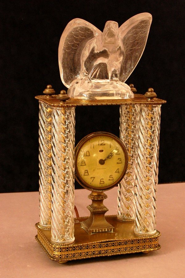 New Haven Mantel Clock: New Haven Mantel Clock with crystal eagle and 4 columns on brass base, 8h x 16w x 5d