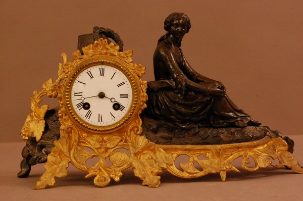 Dore Bronze and Spelter Figural Shelf Clock: Dore Bronze and Spelter Figural Shelf Clock, porcelain dial, Time and Strike, signed Japy Freyfns, ca 1890, 9"t x 16"L X 5"d