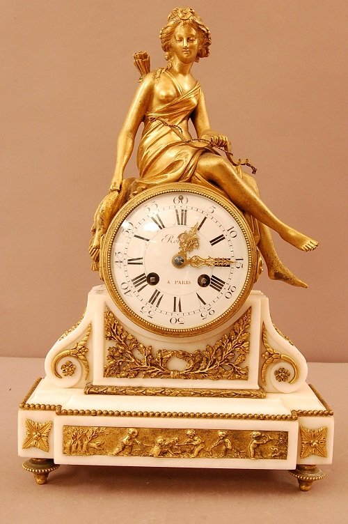 Dore Bronze Figural French Mantel Clock: Dore Bronze Figural French Mantel Clock, White marble base with children and Dogs, on flower panel porcelain face singed Remilly A Paris, Medatllour Paris 1900