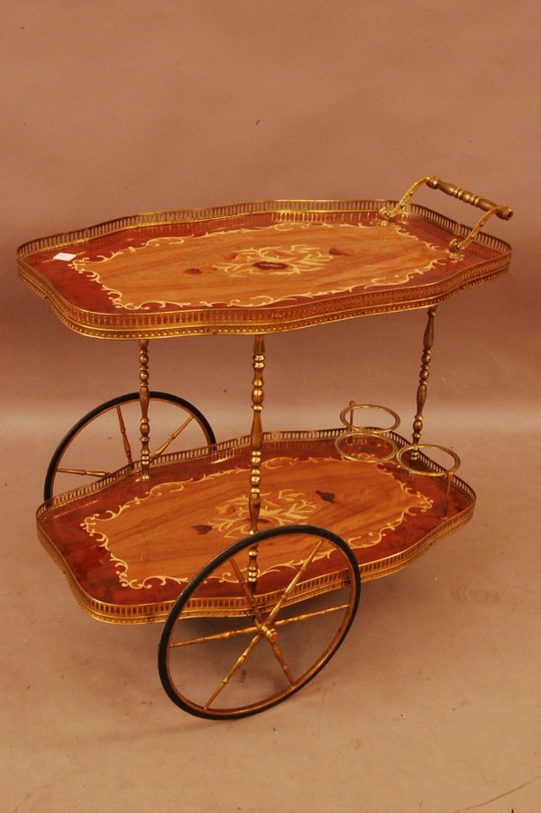 French Style Serving Cart: French Style Serving Cart, with marquentry inlayed top brass trim and wheels, ca 1930, 25" x 27"L x 18"d, ca 1930