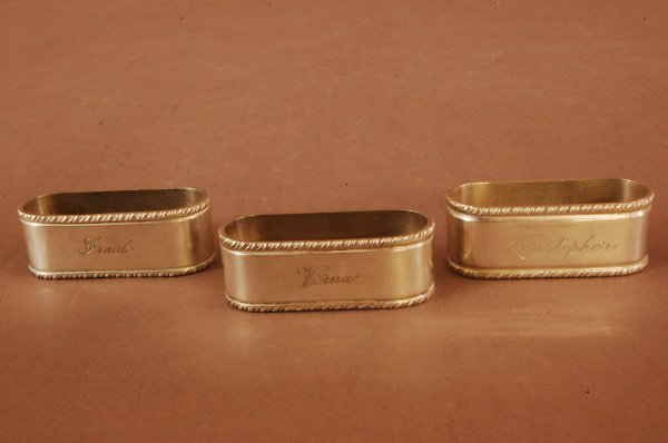 3 Heavy Sterling Napkin Holders. Monogrammer Fran: 3 Heavy Sterling Napkin Holders. Monogrammer Frank, Kristopher and Verna, American Maker unknown.