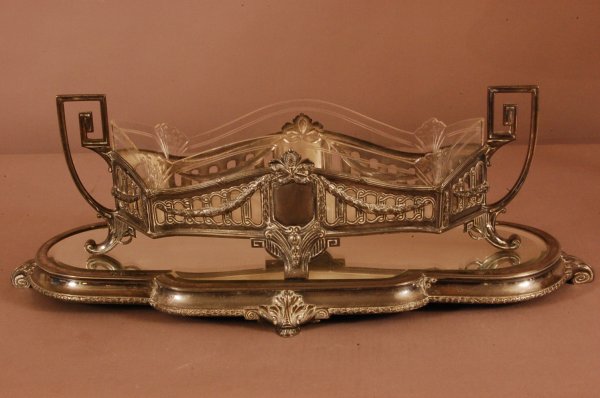 Art Deco Silver Plate Center Piece with cut glass : Art Deco Silver Plate Center Piece with cut glass insert and beveled glass plateau. 24"L x 10"W x 8"T ca. 1920