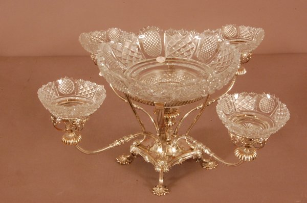 Victorian Silver Plate Epergne with cut glass inse: Victorian Silver Plate Epergne with cut glass inserts. 4 arms with center pieces. 11" T x 21" W ca. 1900
