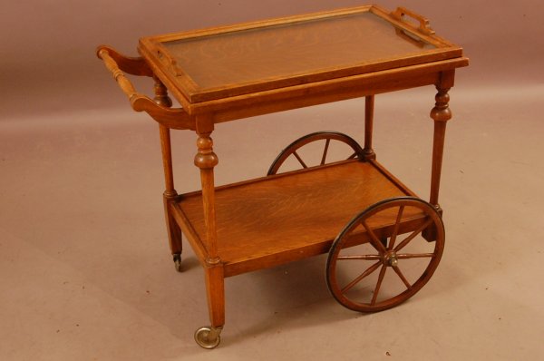 Arts & Crafts Oak Tea Cart. Signed Stickley Bros: Arts & Crafts Oak Tea Cart. Signed Stickley Bros. Glass Serving Tray, wooden spoke wheels. Quarter Oak Construction. Ca. 1920