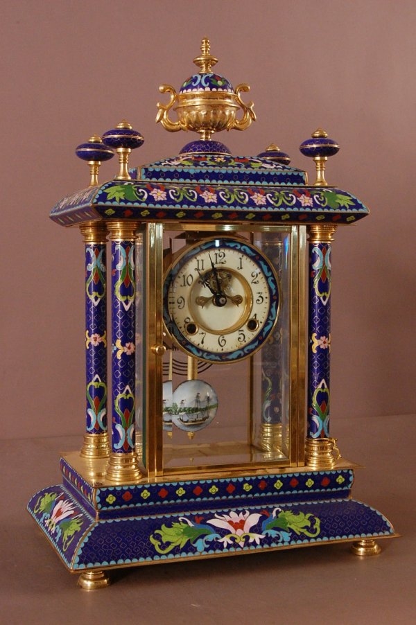 Cloisonne Crystal Regulator Mantel Clock with 4 Co: Cloisonne Crystal Regulator Mantel Clock with 4 Columns. Porcelain Dial, Beveled Glass on all sides, open escapement. 19 1/2" H x 12 1/2" L x 9 " d ca. 1960