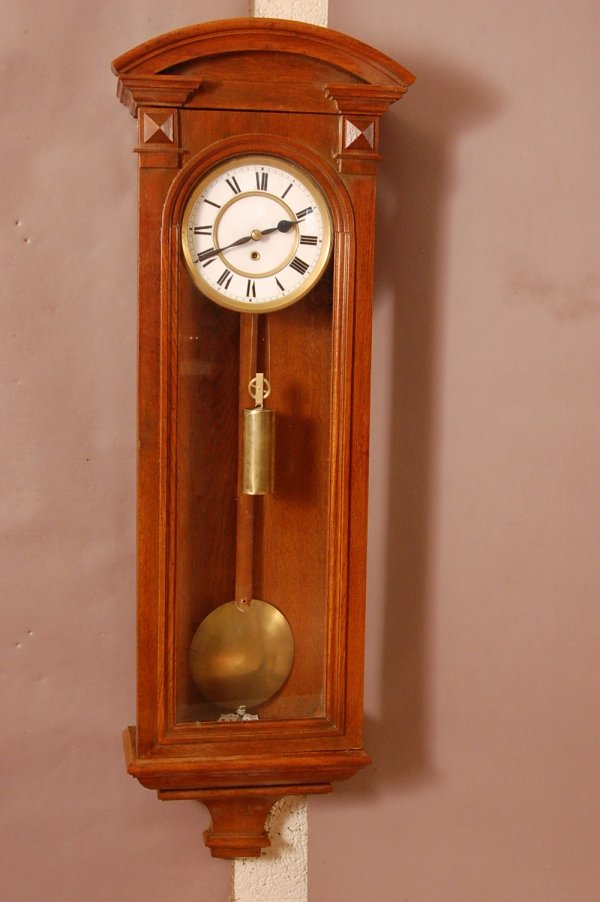 Vienna Oak Regulator "Postal" wall clock, porcelai: Vienna Oak Regulator "Postal" wall clock, porcelain dial, 1 weight mount, 42"t x 11"w x 5"d ca. 1880