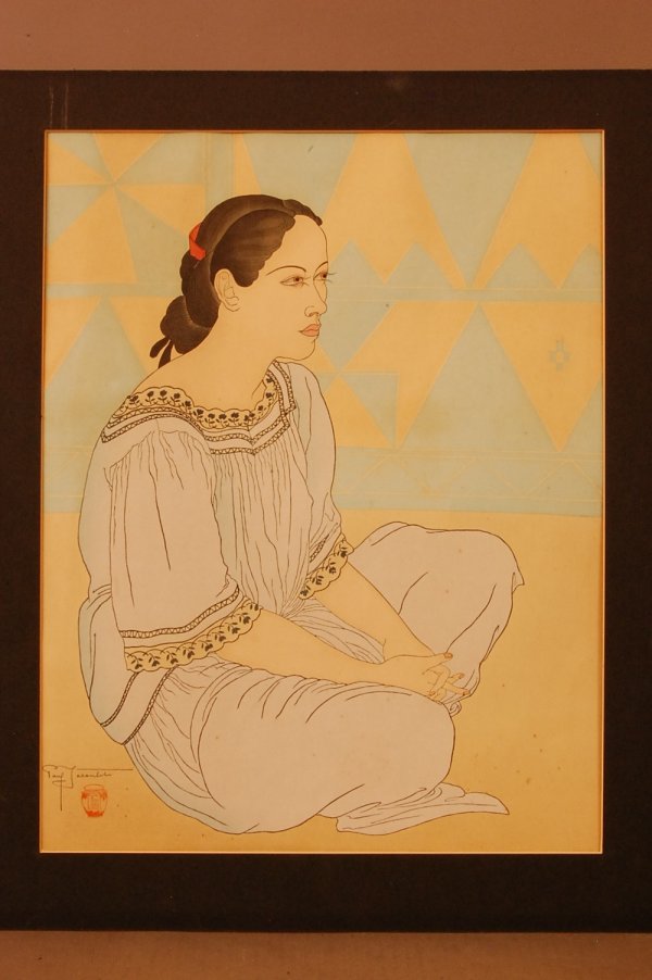 Paul Jacoulet Print signed in bottom left hand corn: Paul Jacoulet Print signed in bottom left hand corner 16"t x 12"w ca. 1947