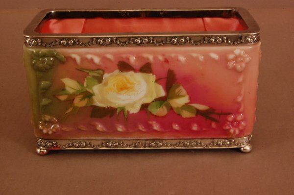 Victorian Enameled Open Litter box. Raised Decora: Victorian Enameled Open Litter box. Raised Decorated on all sides, silver rimed top and base. Unmarked Pairpoint. 4"t x 7"w x 3"d ca. 1900