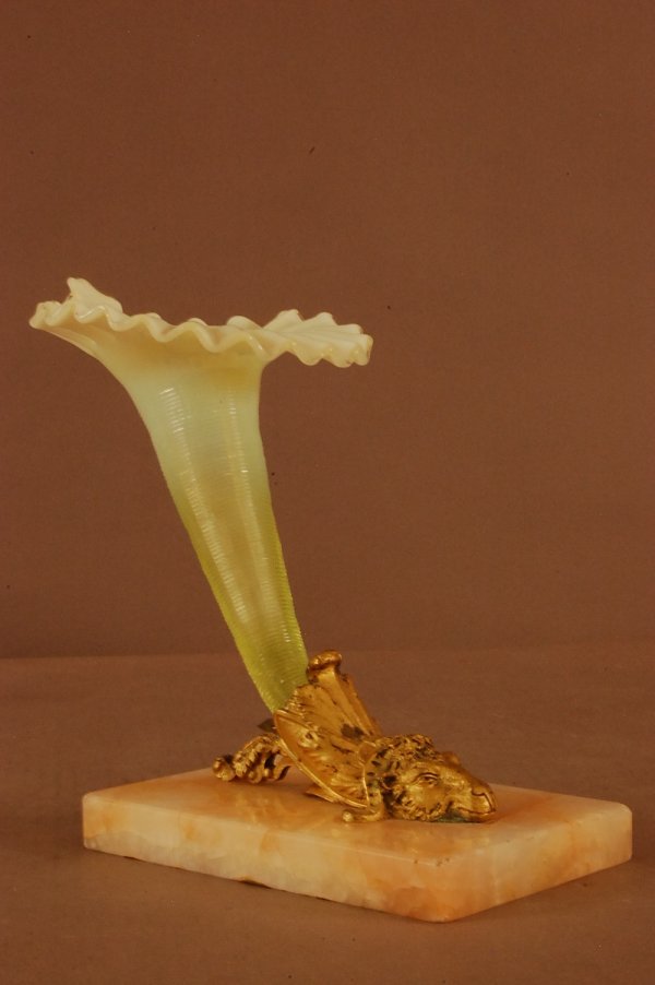 Victorian Opalescent Vase with flutted edge top, r: Victorian Opalescent Vase with flutted edge top, ribbed & threaded stem, Dore Bronze Rams Head on Onyx base., 7 1/2" t x 15"w x 6"d Ca. 1880