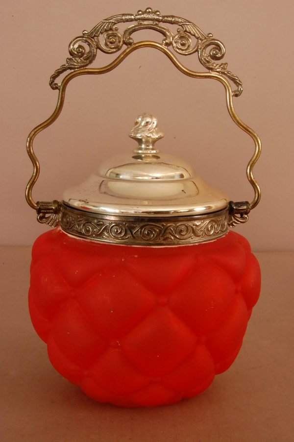 Venetian Red Stain Glass Biscuit Jar, quilted patt: Venetian Red Stain Glass Biscuit Jar, quilted pattern ca. 1890
